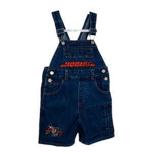 HARLEY DAVIDSON Kids 3T Toddler Blue Demin Overalls Bibs Shorts With Motorcycle